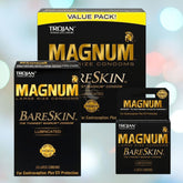 Boxes of Trojan Magnum BareSkin Condoms in various sizes are displayed. The black and gold packaging highlights them as larger condoms and the thinnest Magnum condoms available, providing contraception and STI protection.